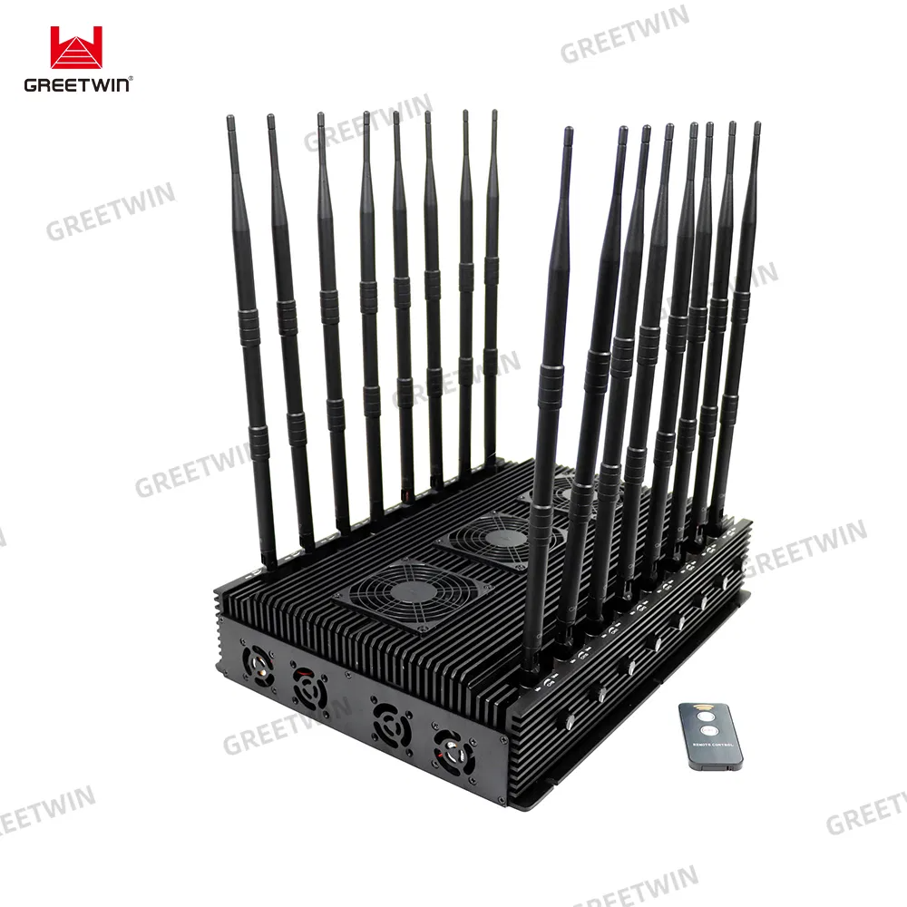 Cellphone 5G/4G/3G/2G WIFI GPS LOJACK LORA UHF VHF signal jammer with 16 Antennas adjustable 110W output power jamming up to 80m