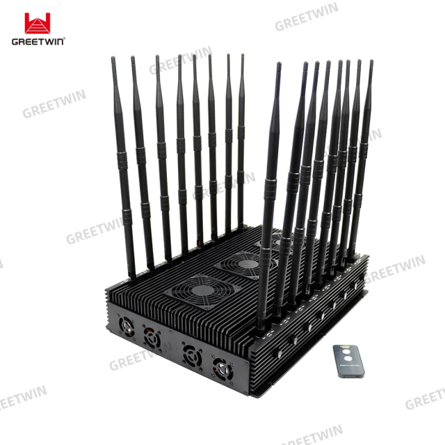 Cellphone 5G/4G/3G/2G WIFI GPS LOJACK LORA UHF VHF signal jammer with 16 Antennas adjustable 110W output power jamming up to 80m