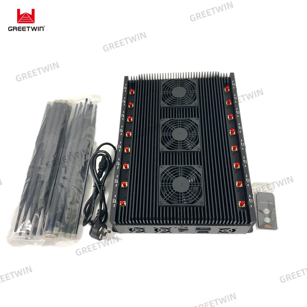 Cellphone 5G/4G/3G/2G WIFI GPS LOJACK LORA UHF VHF signal jammer with 16 Antennas adjustable 110W output power jamming up to 80m