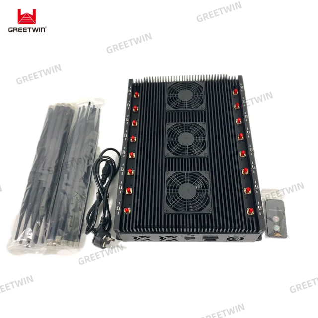 Cellphone 5G/4G/3G/2G WIFI GPS LOJACK LORA UHF VHF signal jammer with 16 Antennas adjustable 110W output power jamming up to 80m