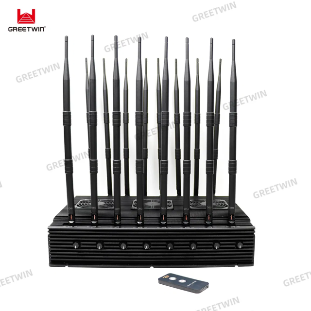 Cellphone 5G/4G/3G/2G WIFI GPS LOJACK LORA UHF VHF signal jammer with 16 Antennas adjustable 110W output power jamming up to 80m