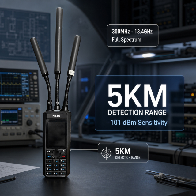 Portable Ultra Wideband Drone Detector 300MHz to 13.4GHz 5km Detection Range with Rid Function