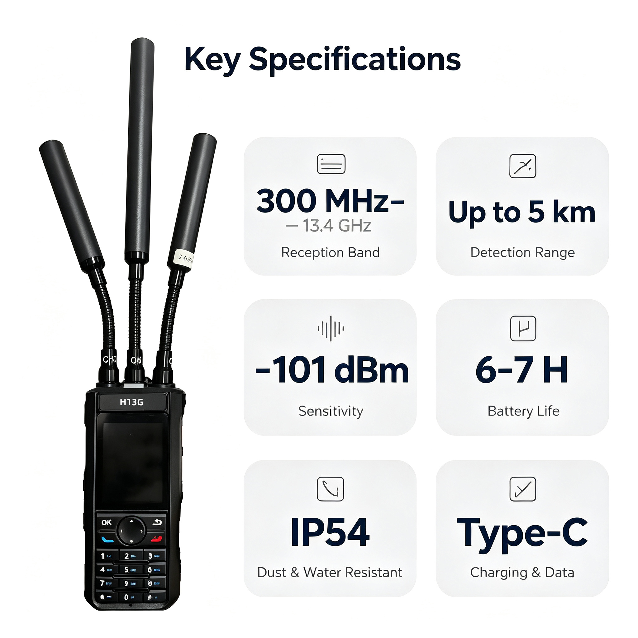 Portable Ultra Wideband Drone Detector 300MHz to 13.4GHz 5km Detection Range with Rid Function