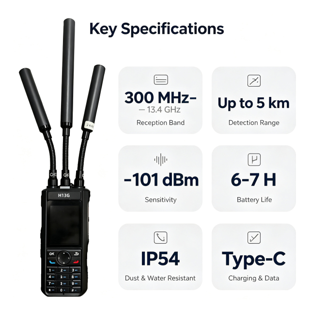 Portable Ultra Wideband Drone Detector 300MHz to 13.4GHz 5km Detection Range with Rid Function