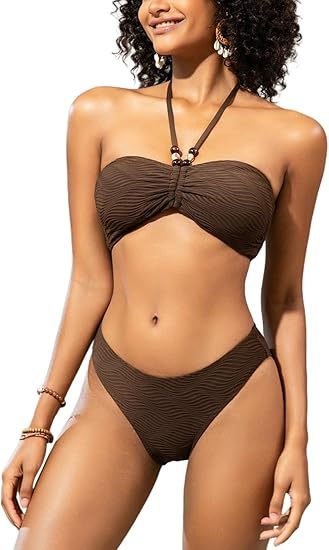 Women's Texture Halter Bandeau Beaded Tie Back Bikini Top Medium Coverage Bottom Two Piece Swimsuit Bathing Suits
