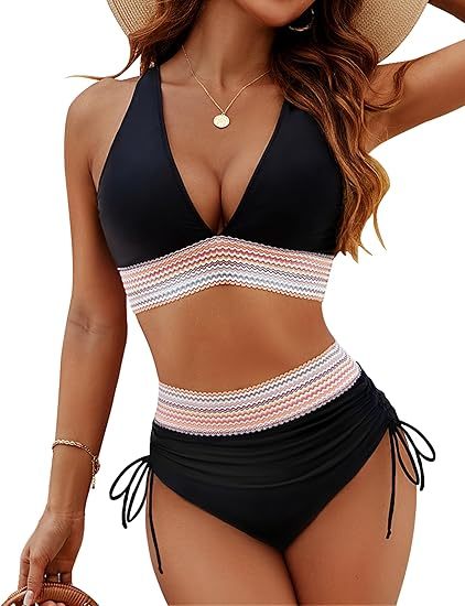 Women High Waisted Bikini Sets Tummy Control Swimsuits Color Block Two Piece Drawstring Bathing Suit