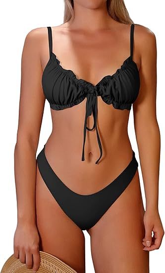 Women's Triangle Bikini Floral Ruffles Bow Tie Up Bikini Set Two Piece Swimsuit