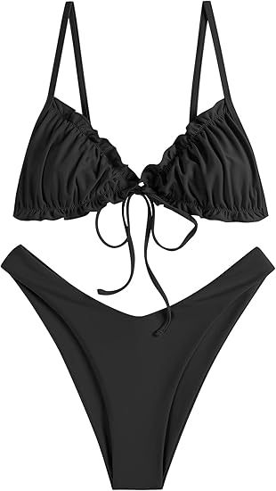Women's Triangle Bikini Floral Ruffles Bow Tie Up Bikini Set Two Piece Swimsuit