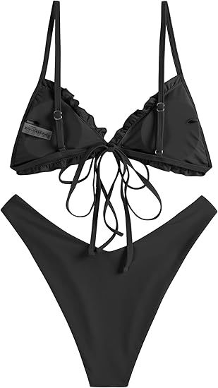 Women's Triangle Bikini Floral Ruffles Bow Tie Up Bikini Set Two Piece Swimsuit