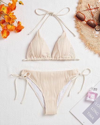 Women's String Triangle Bikini Set - Two Piece Ribbed Halter Bikini Top with Bottom Swimwear