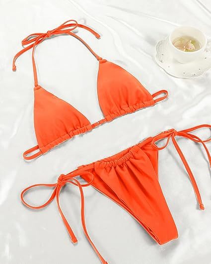 Women Halter String Bikini Set Sexy Thong Cheeky Two Piece Swimsuits Solid Color Bathing Swimwear
