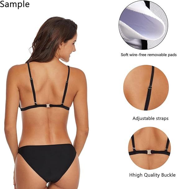 Women's Cute 2 Pcs Swimsuit, Sausage Black Push Up Triangle Top Bikini Fashion Thong Bathing Set