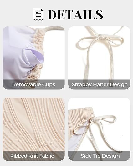 Women's String Triangle Bikini Set - Two Piece Ribbed Halter Bikini Top with Bottom Swimwear