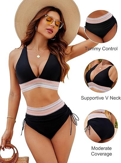 Women High Waisted Bikini Sets Tummy Control Swimsuits Color Block Two Piece Drawstring Bathing Suit