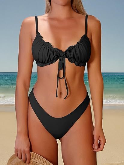 Women's Triangle Bikini Floral Ruffles Bow Tie Up Bikini Set Two Piece Swimsuit