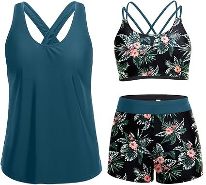 3 Piece Tankini Swimsuits for Women Tummy Control Bathing Suits Swim Tank Top with Bra Boy Shorts Teen Swimwear