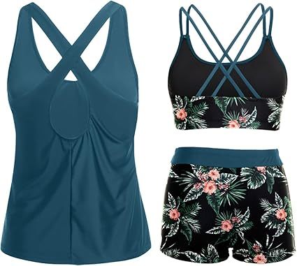 3 Piece Tankini Swimsuits for Women Tummy Control Bathing Suits Swim Tank Top with Bra Boy Shorts Teen Swimwear