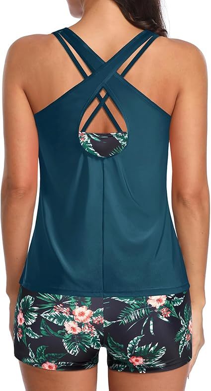 3 Piece Tankini Swimsuits for Women Tummy Control Bathing Suits Swim Tank Top with Bra Boy Shorts Teen Swimwear