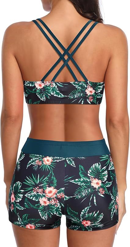 3 Piece Tankini Swimsuits for Women Tummy Control Bathing Suits Swim Tank Top with Bra Boy Shorts Teen Swimwear