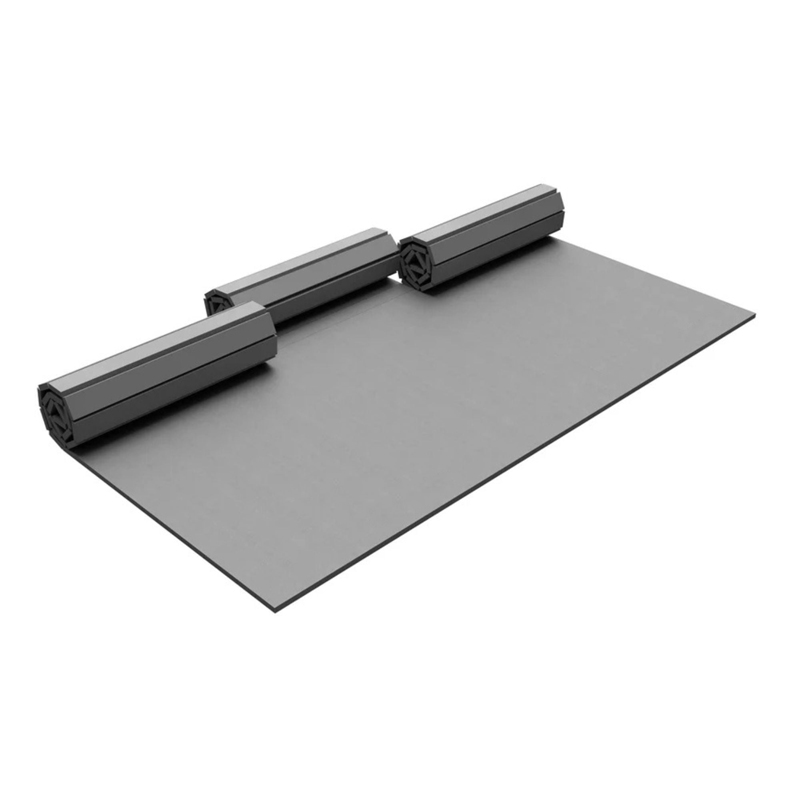 QT MAT custom logo roll-out mat with blue QT branding on white surface