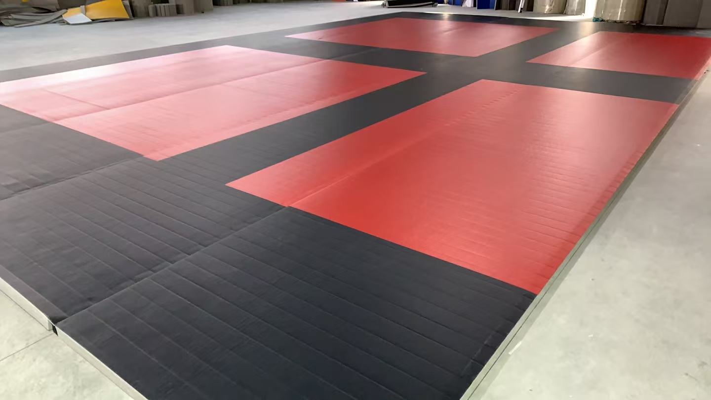 Custom gym logo printed on 5cm black XPE roll-out mat for BJJ academy