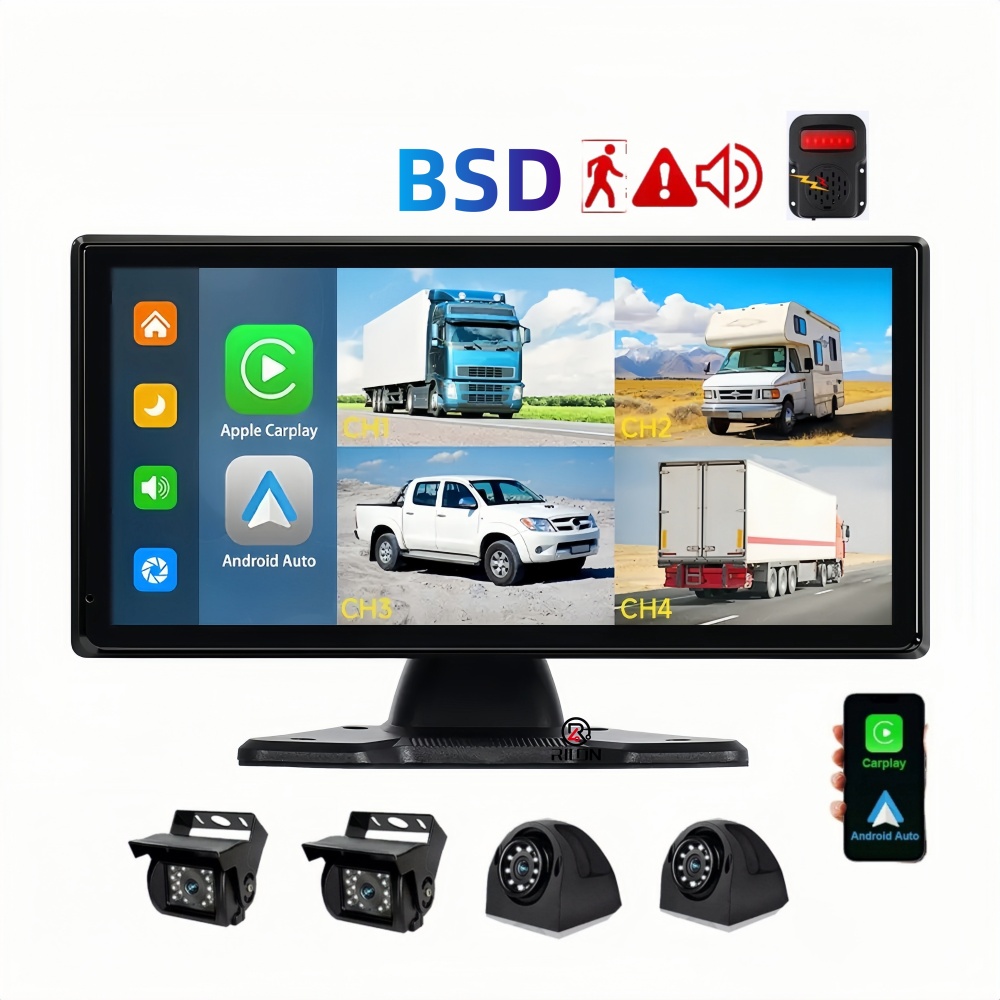 10.36 Inch Portable HD IPS Touch Screen Car Radio Player with Apple CarPlay & Android Auto Online Navigator Bluetooth FM Mirror Link BSD Warning Smart Car Screen Recorde Monitor Supports 4CH 720P 1080P Cameras Input