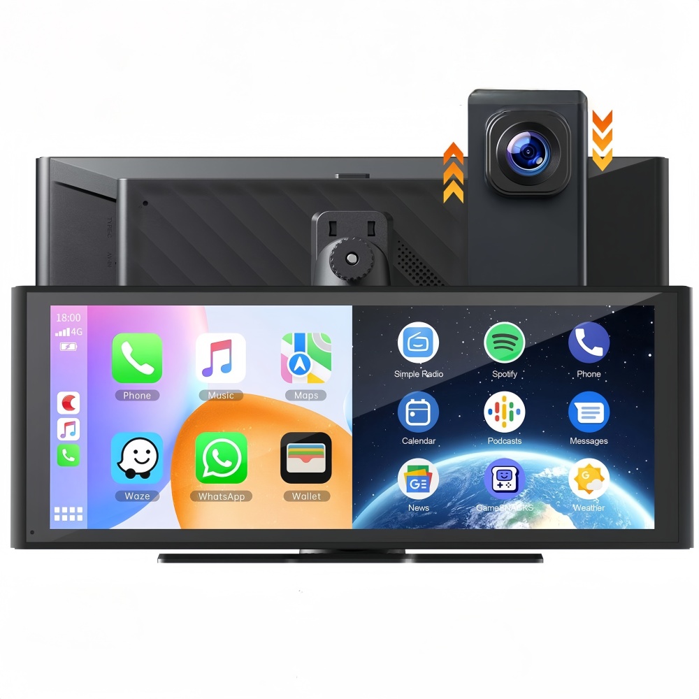 10.26inch Portable Car Screen Smart Multimedia Car Stereo IPS Touch Screen Display with  4K Dash Cam Front View 1080P Rearview Built in 5G WiFi Support Wireless Mirror Link Apple CarPlay & Android Auto FM Bluetooth Transmission