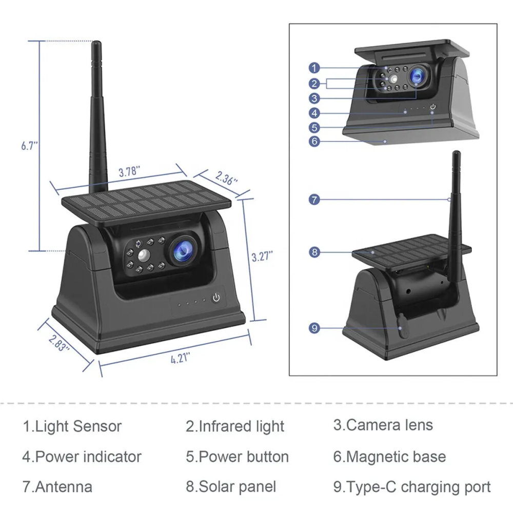 10inch Touch Screen Monitor Video Recorder and Magnet Bracket Solar Charging Camera Vehicle Mounted Display Safety Driving Camera System Digital Wireless RV Backup Camera Kit
