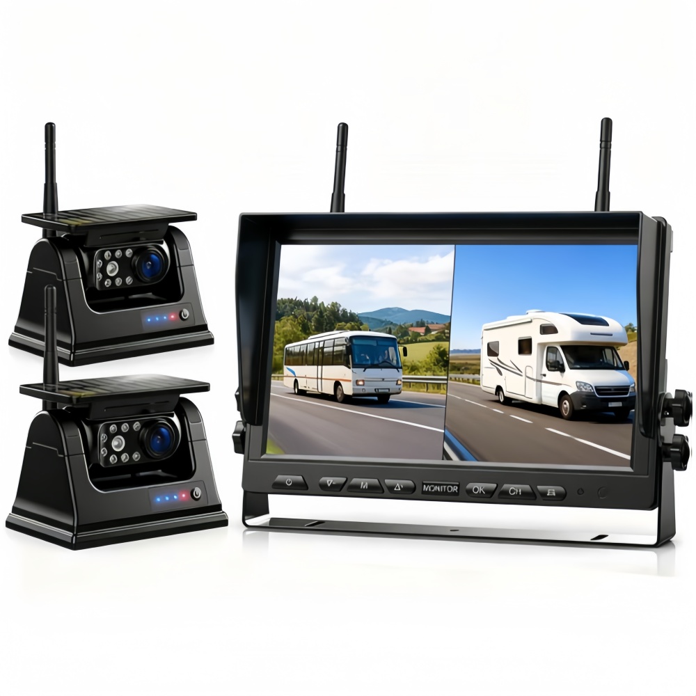 Solar Charging Battery Powered Rechargeable Side View Rear View Camera with Magnet Base, 10inch IPS Screen Loop Recording DVR Monitor System, HD 1080P Digtial Wireless Backup Camera Kit for Hitch Towing RV Camper Trailer