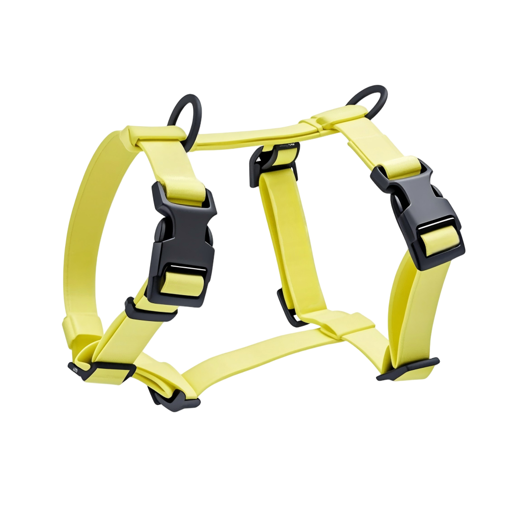 Manufacturers Custom PVC Rubber Coated Waterproof Pet Harness Luxury Adjustable H Strap No Pull Reversible Dog Harness with Dual Buckle Design on Front and Back Side
