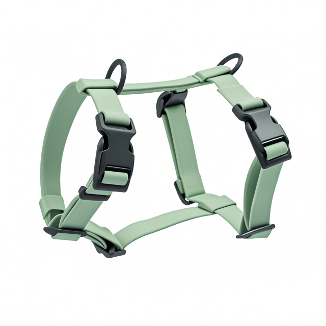 Manufacturers Custom PVC Rubber Coated Waterproof Pet Harness Luxury Adjustable H Strap No Pull Reversible Dog Harness with Dual Buckle Design on Front and Back Side