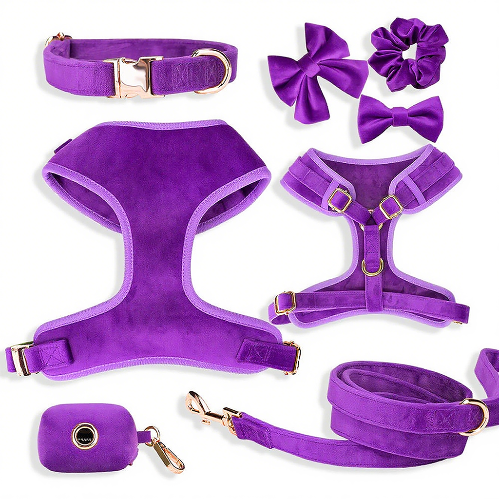 Pet Supplies Custom Velvet Pet Harness Leash Collar Bowtie Set Personalized Reversible Adjustable Designer Dog Harness