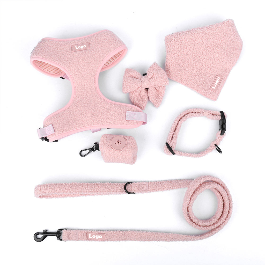 Manufactory Designer Premium Adjustable Cute Sherpa Fleece Teddy Warm Pet Dog Harness Leash Collar Bowtie Metal Set Pet Gift