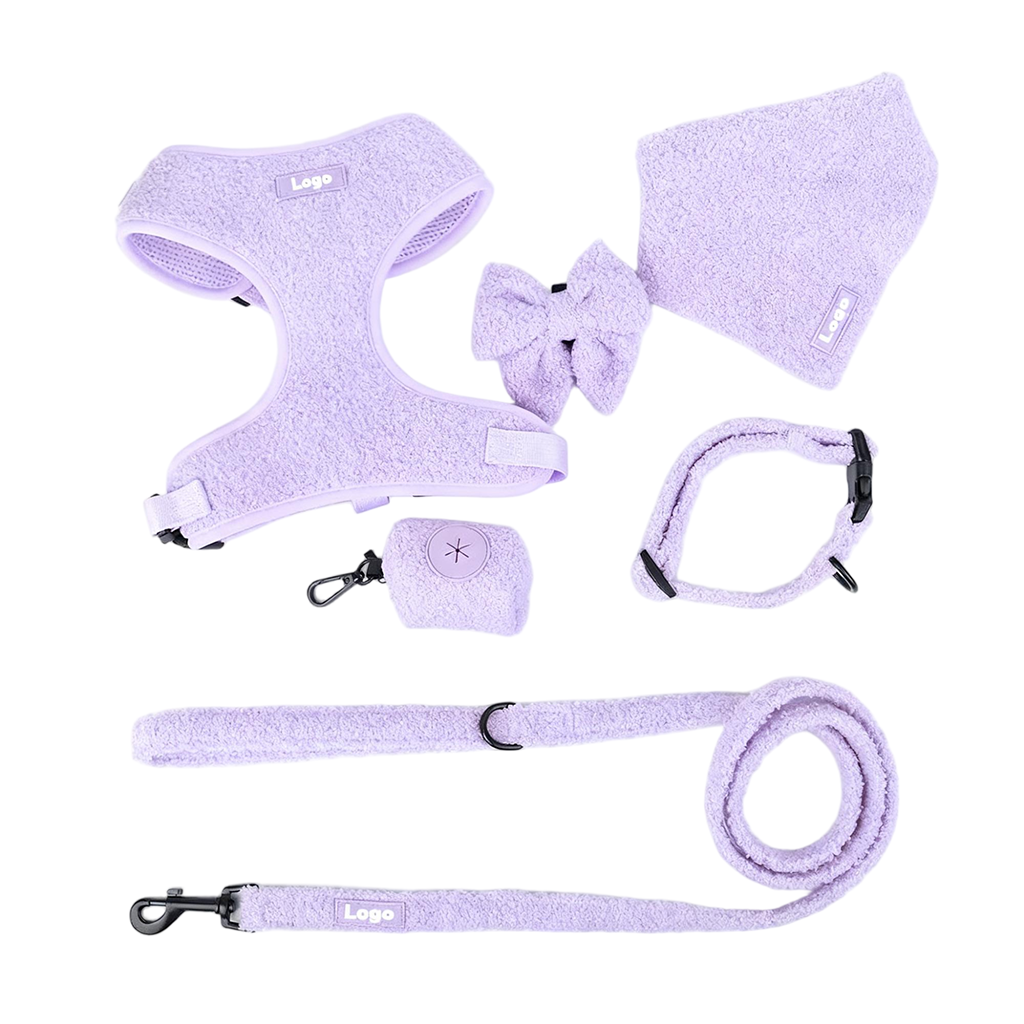Manufactory Designer Premium Adjustable Cute Sherpa Fleece Teddy Warm Pet Dog Harness Leash Collar Bowtie Metal Set Pet Gift