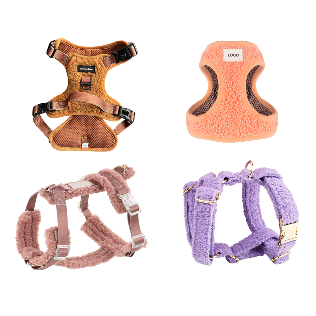 Manufactory Designer Premium Adjustable Cute Sherpa Fleece Teddy Warm Pet Dog Harness Leash Collar Bowtie Metal Set Pet Gift