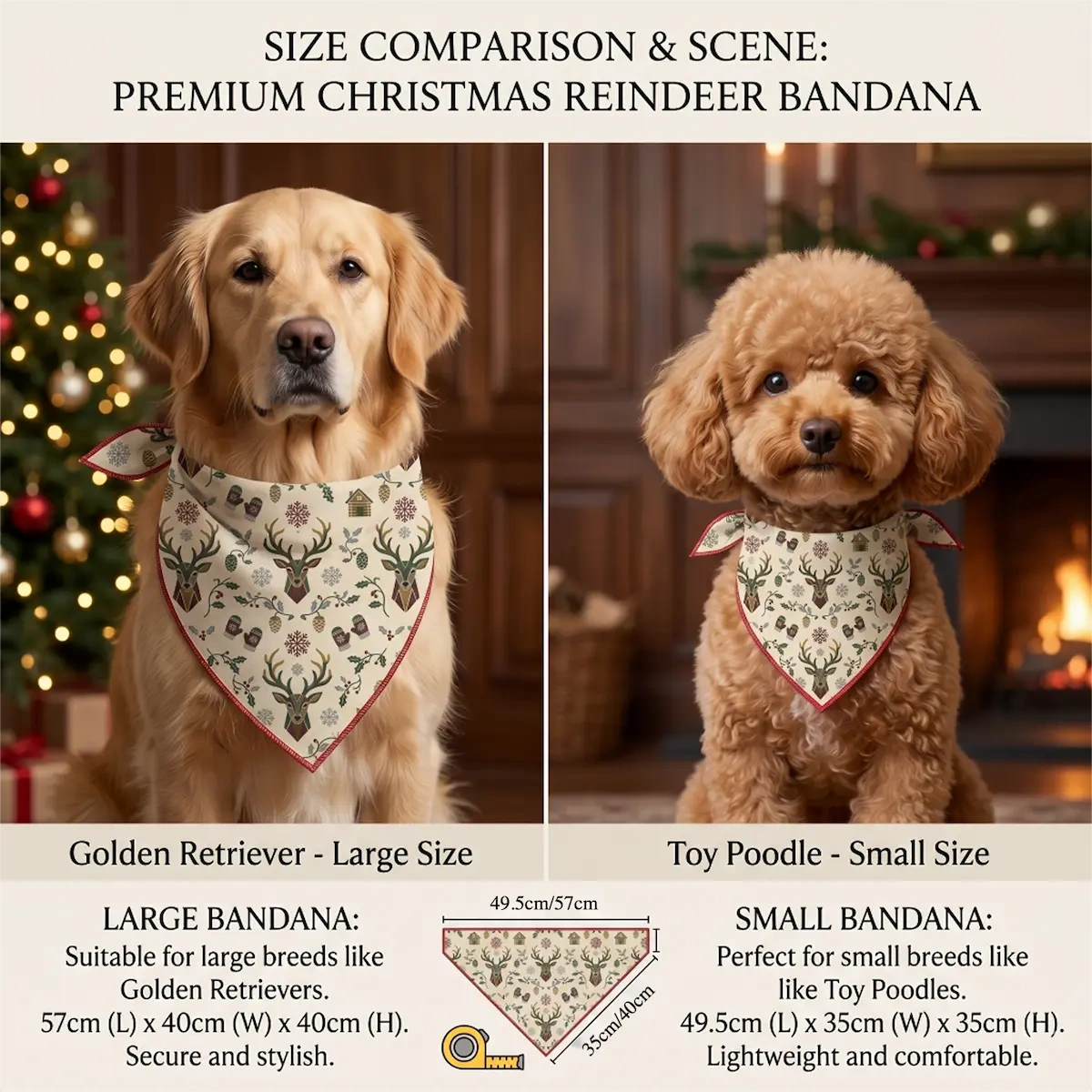 Size guide and scene comparison for custom pet triangle bibs