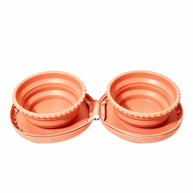 Cute Portable Collapsible Silicone Wall Mountable Foldable Outdoor Travel Water Food Feeding Bowl, Customizable Logo Dual Pet Feeder Bowl for Walking Camping Hiking