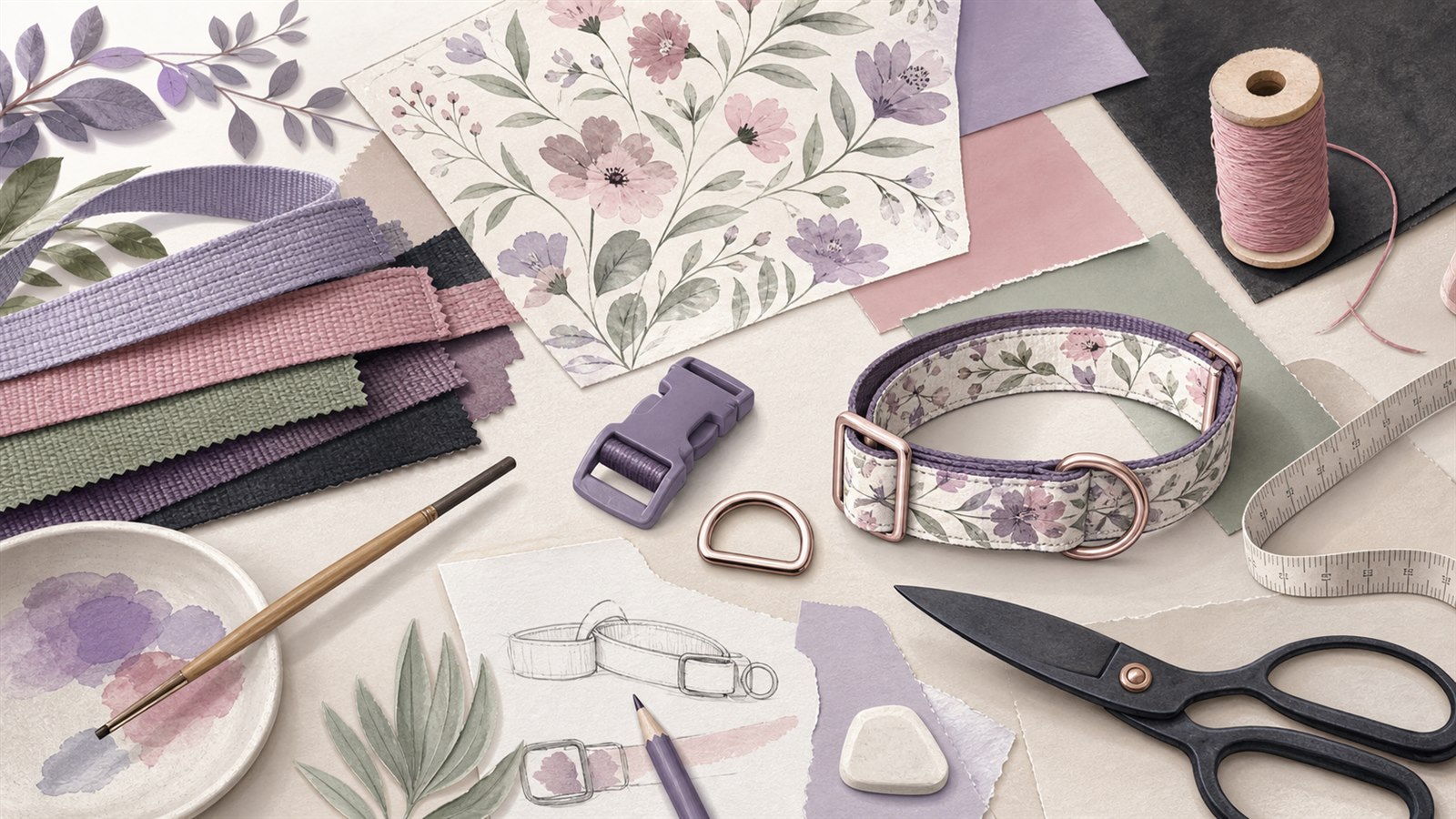 Editorial illustration of custom dog collar material and print selection