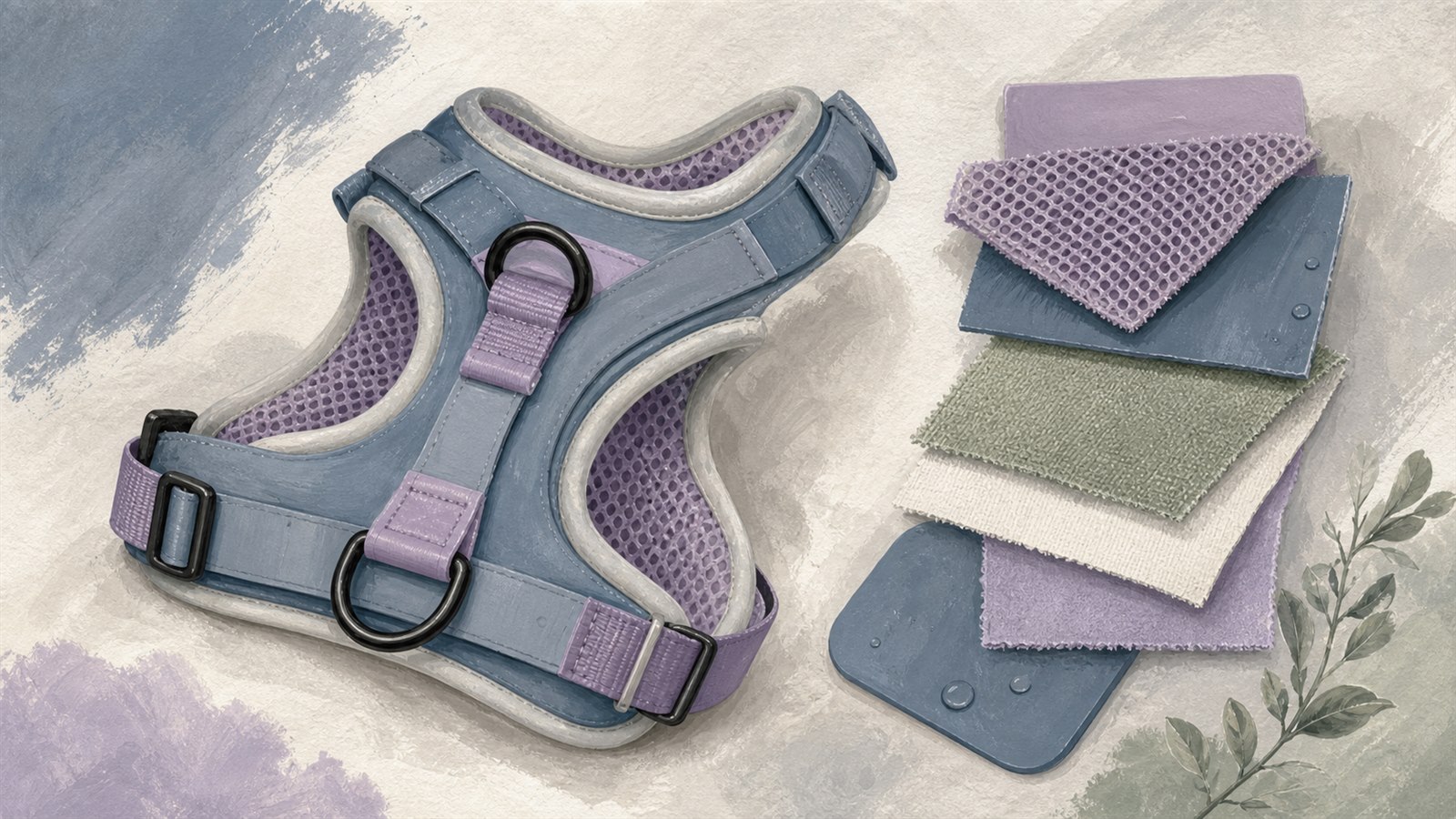 Editorial illustration of dog harness material layers and fit