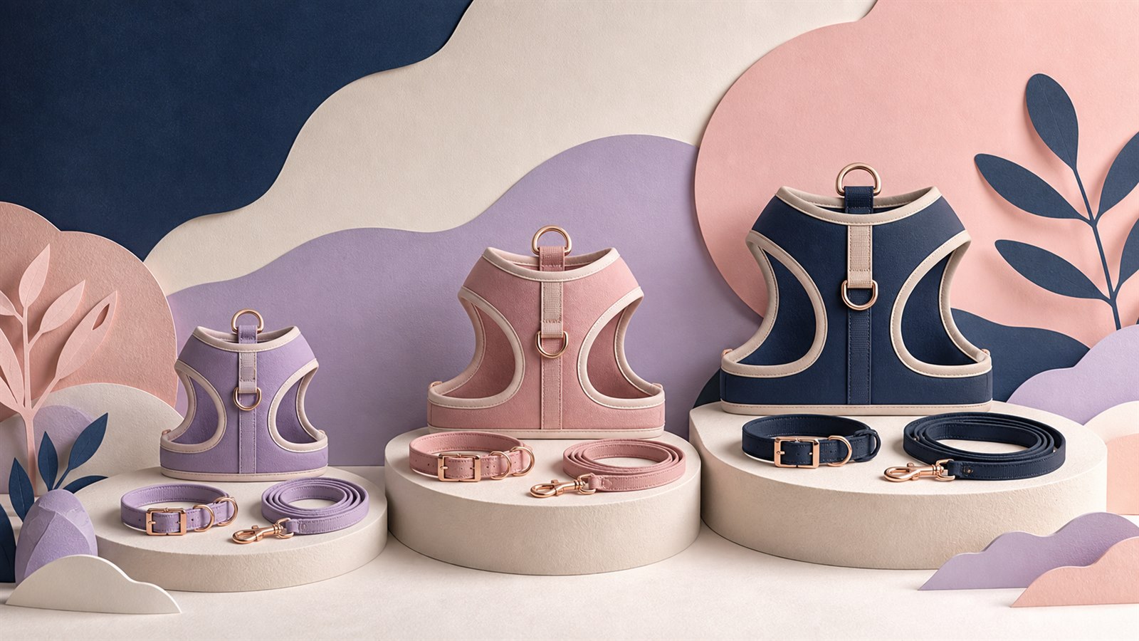 Editorial illustration of a modular dog harness product range
