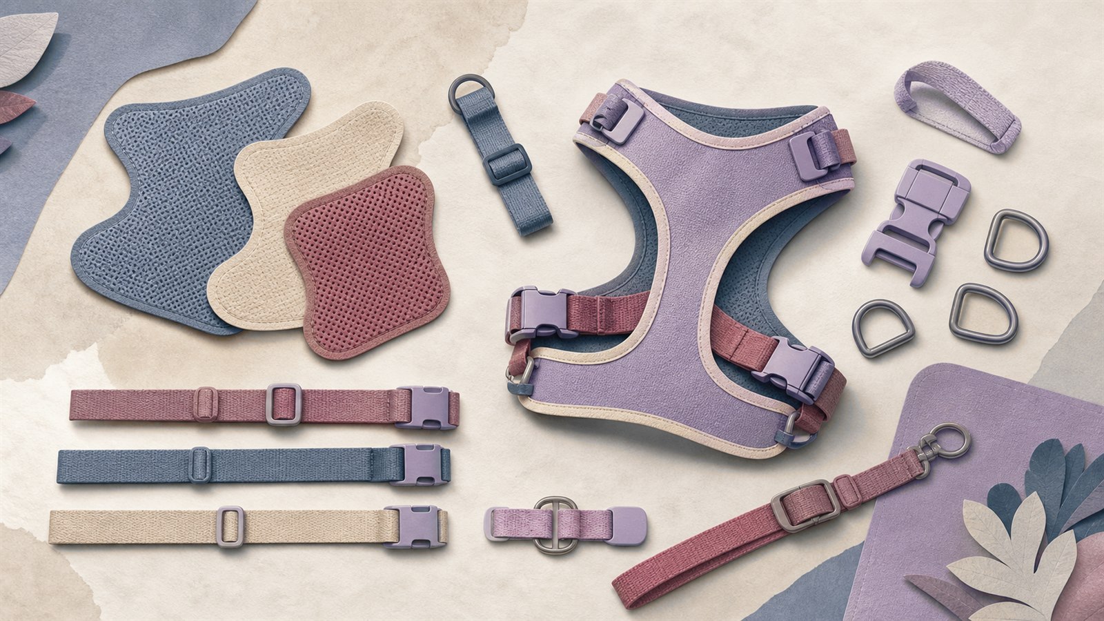 Editorial illustration of modular dog harness components