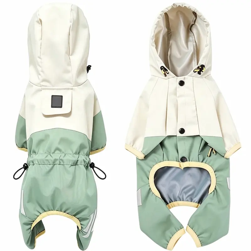 Hot Selling Waterproof Dog Raincoat Hooded Jumpsuit, Color Block Adjustable Drawstring Pet Rain Jacket for Small Medium  Dogs
