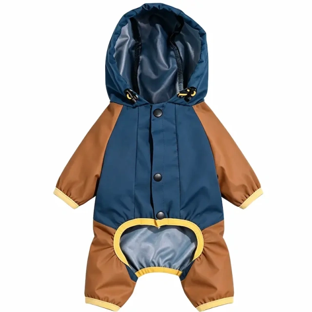 Hot Selling Waterproof Dog Raincoat Hooded Jumpsuit, Color Block Adjustable Drawstring Pet Rain Jacket for Small Medium  Dogs