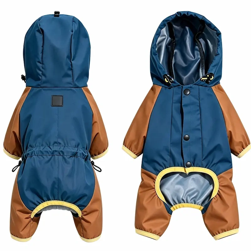 Hot Selling Waterproof Dog Raincoat Hooded Jumpsuit, Color Block Adjustable Drawstring Pet Rain Jacket for Small Medium  Dogs
