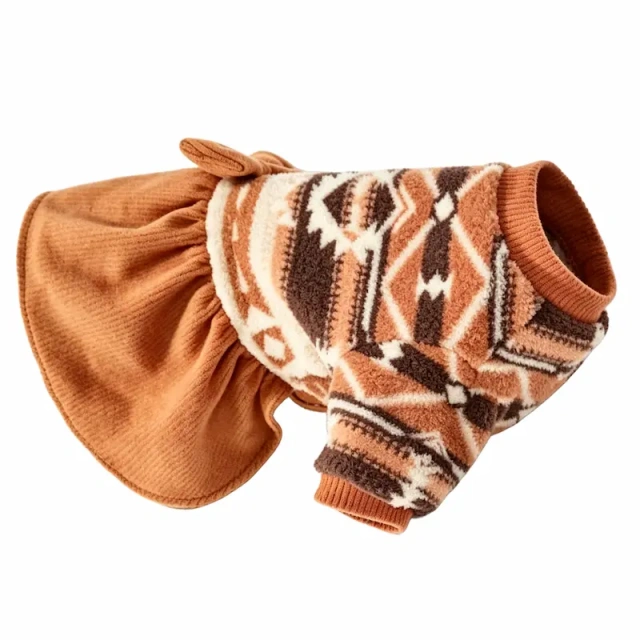 Hot Selling Caramel Ethnic Pattern Sherpa Dog Dress, Soft Fleece Cute Daily Party Pet Apparel, Adjustable Dog Dress for Small‑Medium Dogs, Support Customization