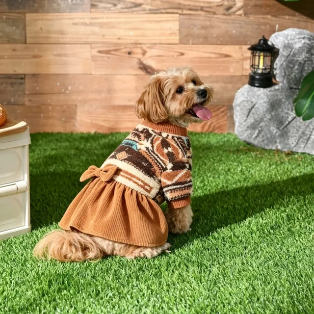 Hot Selling Caramel Ethnic Pattern Sherpa Dog Dress, Soft Fleece Cute Daily Party Pet Apparel, Adjustable Dog Dress for Small‑Medium Dogs, Support Customization