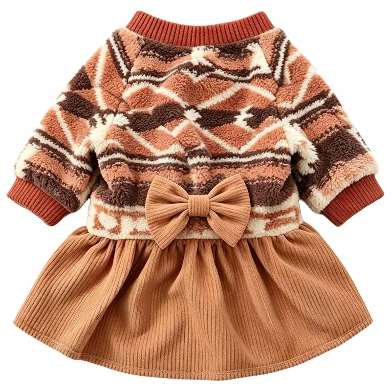 Hot Selling Caramel Ethnic Pattern Sherpa Dog Dress, Soft Fleece Cute Daily Party Pet Apparel, Adjustable Dog Dress for Small‑Medium Dogs, Support Customization