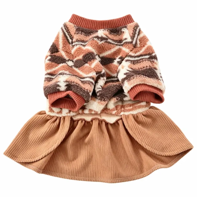 Hot Selling Caramel Ethnic Pattern Sherpa Dog Dress, Soft Fleece Cute Daily Party Pet Apparel, Adjustable Dog Dress for Small‑Medium Dogs, Support Customization