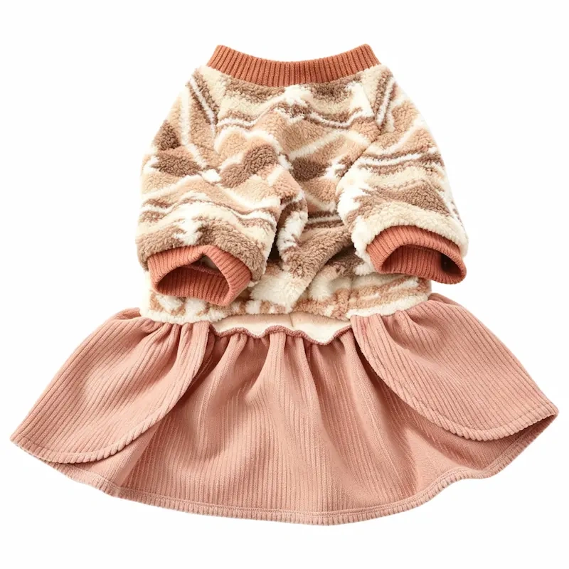 Hot Selling Caramel Ethnic Pattern Sherpa Dog Dress, Soft Fleece Cute Daily Party Pet Apparel, Adjustable Dog Dress for Small‑Medium Dogs, Support Customization