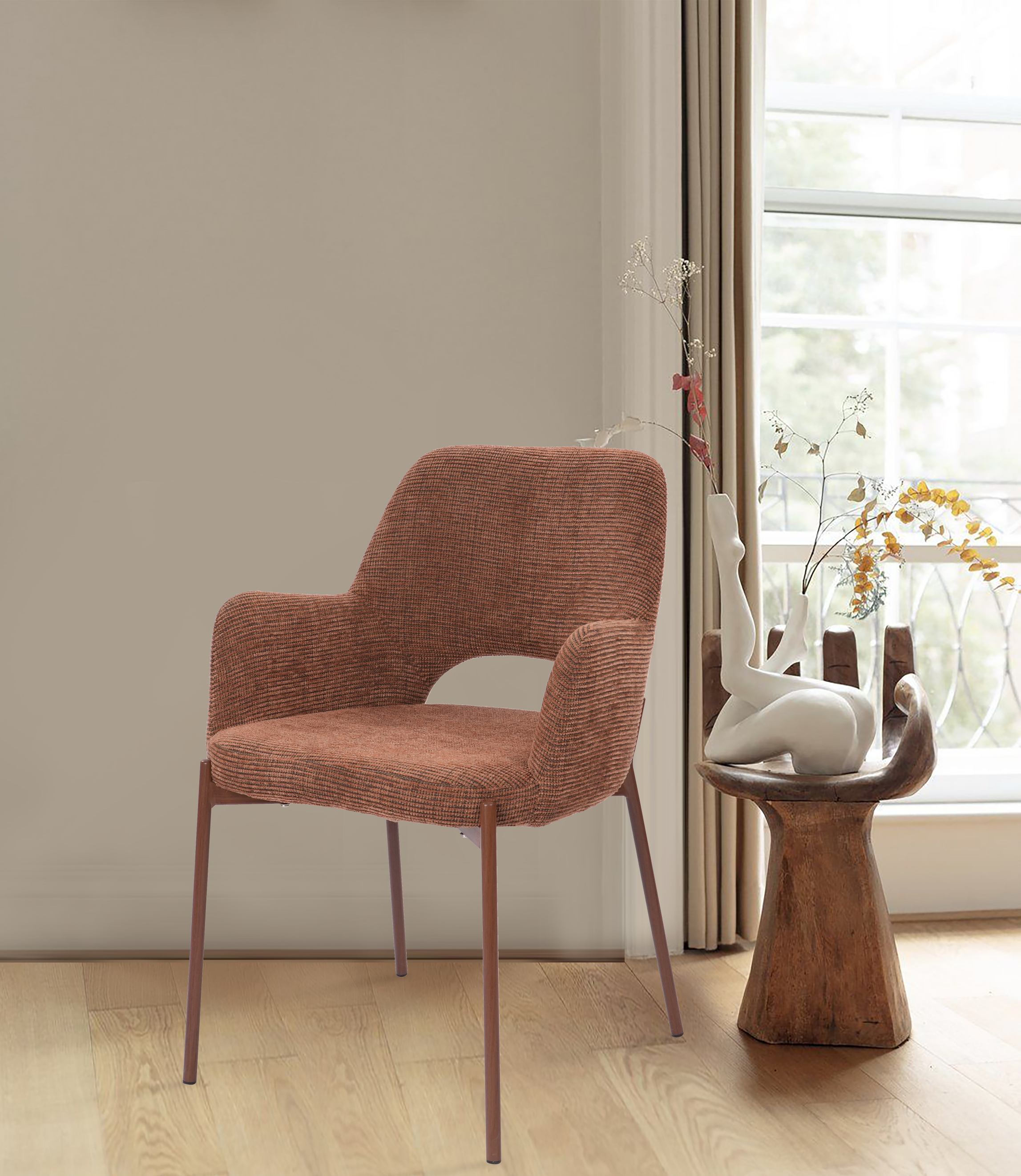 Beige dining chair with walnut transfer legs hole on the back Roda